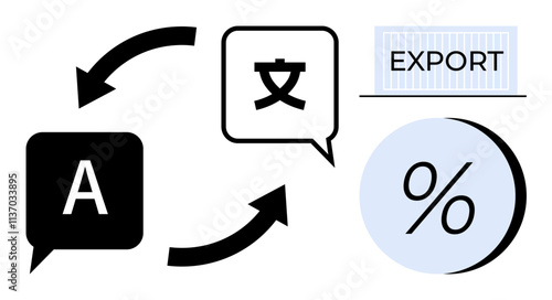 Speech bubbles with English and Chinese characters connected by arrows, export label, and percentage symbol. Ideal for trade, global communication, economy, statistics, business, finance