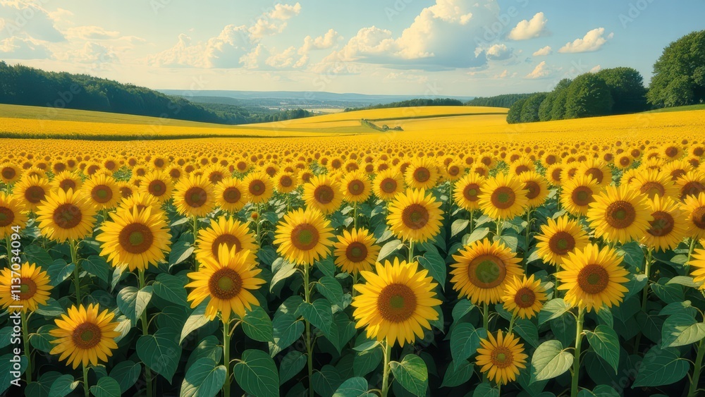 Fototapeta premium Stunning sunflower field under clear blue sky in vibrant landscape