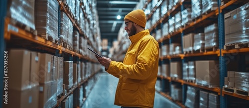 Warehouse worker using a tablet to check inventory in a warehouse.