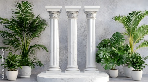  Column podium in ancient Roman style with white marble and plant decor for product display