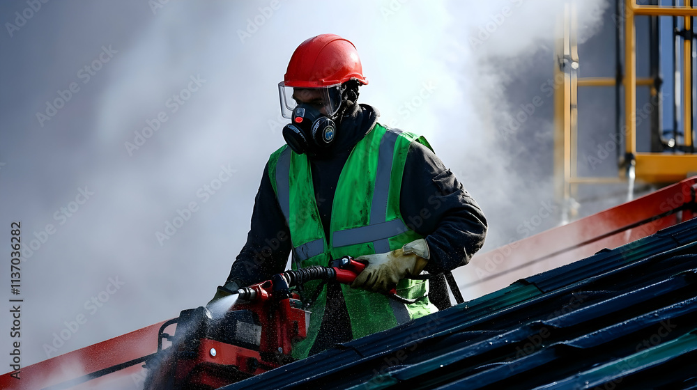 Fototapeta premium Worker Cleaning Roof with High-Pressure Sprayer