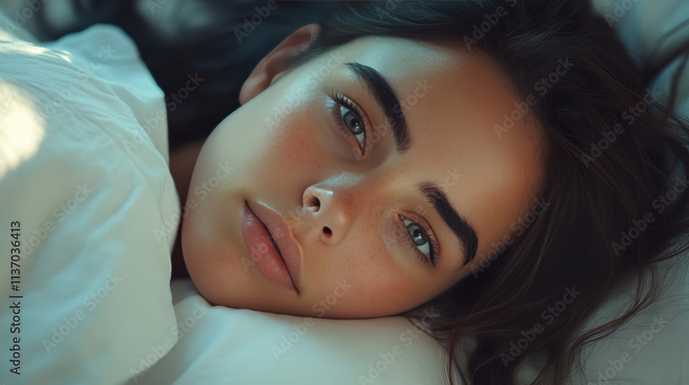 A serene close-up of a woman with a calm expression, resting on white bedding amidst soft lighting. This composition beautifully exhibits tranquility, relaxation, and peacefulness. A serene close-up of a woman with a calm expression, resting on white bedding amidst soft lighting. This composition beautifully exhibits tranquility, relaxation, and peacefulness.