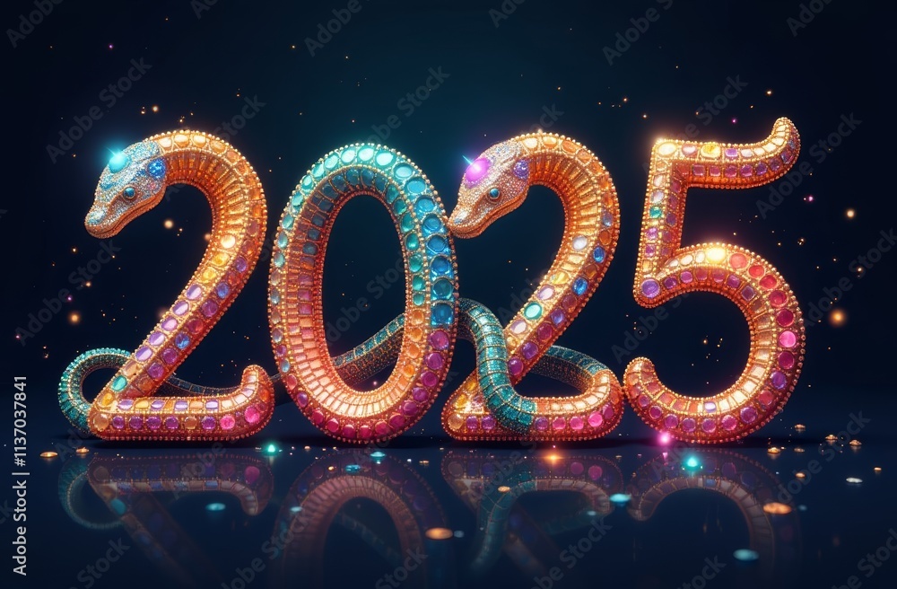 Numbers 2025 in Different Colors Gemstones in the Form of a Snake, on a Dark Background, Christmas, Symbol of the Year, Card Numbers 2025 in Different Colors Gemstones in the Form of a Snake, on a Dark Background, Christmas, Symbol of the Year, Card