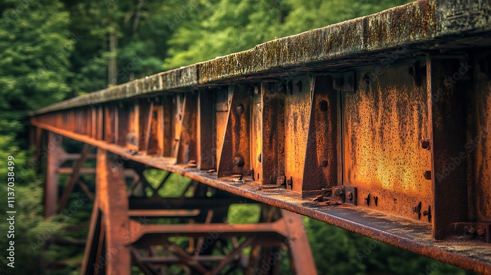 Rusty Railroad Bridge Beams in a Green Forest Rusty Railroad Bridge Beams in a Green Forest