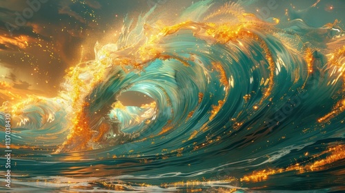 Fiery Oceanic Vortex   Powerful Swirling Wave in Vibrant Sunset Seascape with Dramatic Motion Energy and Natural Force