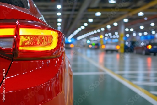 A brightly illuminated red car taillight captured in a modern, spacious, and well-organized underground parking area with vehicles and colorful lighting bokeh in the background.