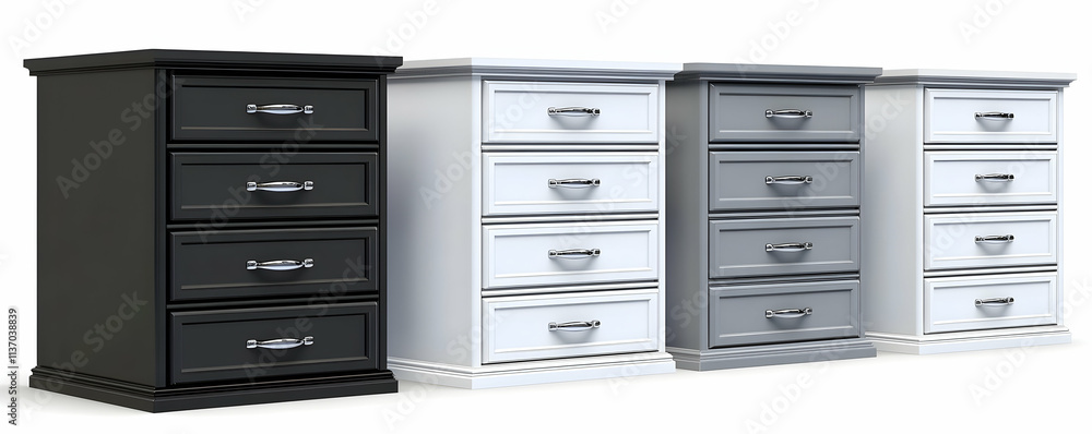 Three 3D Rendered Tall Chests of Drawers in Black, White, and Gray Three 3D Rendered Tall Chests of Drawers in Black, White, and Gray