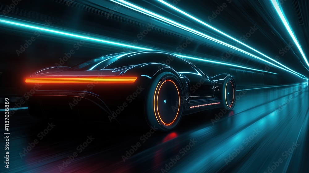 Obraz premium Futuristic silhouette of the car in motion, aerodynamic body, high-tech and ultra-modern look. Stripes of blue neon light and shadow create a tunnel on dark tones, a sense of speed and energy.