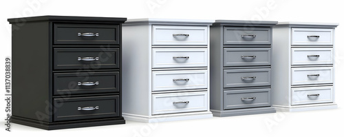 Three 3D Rendered Tall Chests of Drawers in Black, White, and Gray