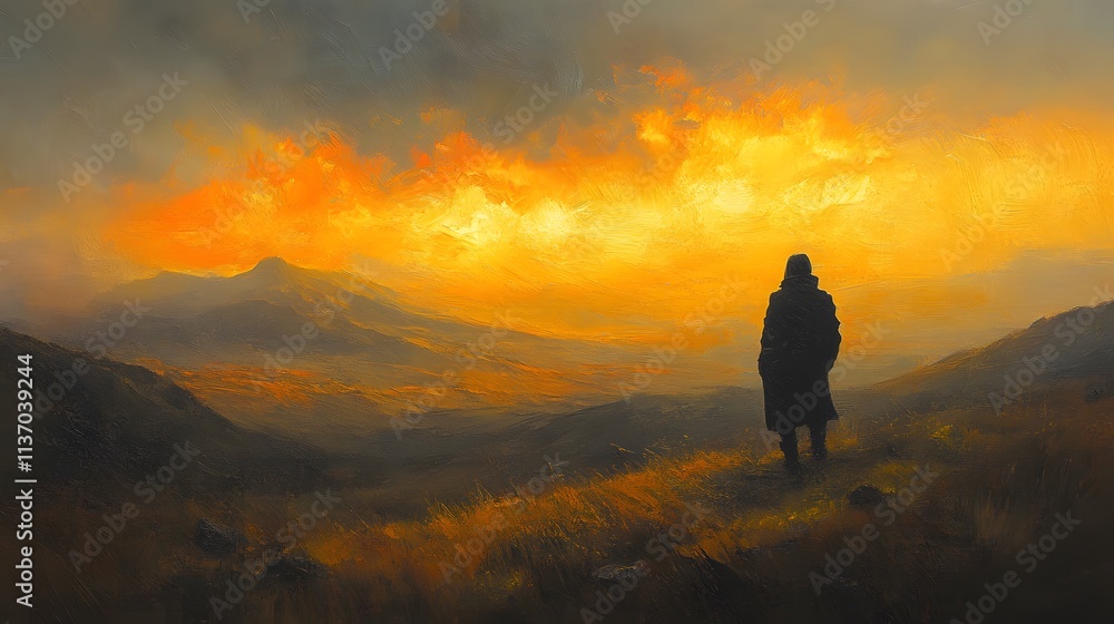 9 Windswept plateau at sunset with a traveler wearing a black raincoat 9 Windswept plateau at sunset with a traveler wearing a black raincoat