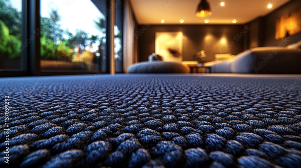 Fototapeta premium Close-up of textured blue carpet in modern room.