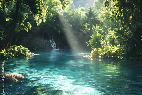 Tranquil Tropical Paradise: Sunbeams Dance on a Serene Waterfall and Lagoon