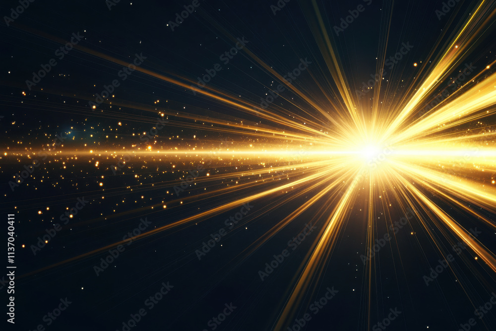 Fototapeta premium single golden laser beam illuminates pitch black background, creating stunning visual effect with sparkling particles