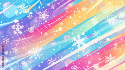 A colorful abstract background featuring snowflakes and vibrant diagonal stripes.