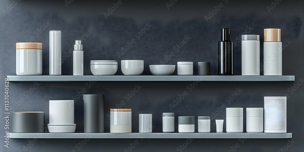 Grey Shelves Displaying an Array of White and Black Cosmetic Containers, Jars, and Bottles in a Modern Bathroom Setting Grey Shelves Displaying an Array of White and Black Cosmetic Containers, Jars, and Bottles in a Modern Bathroom Setting