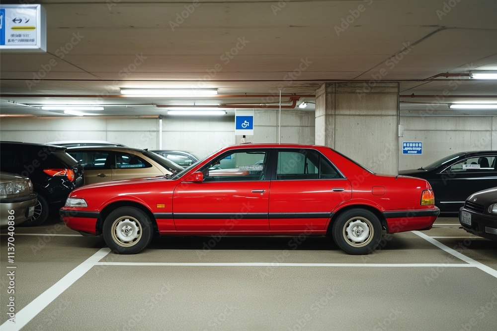 Obraz premium A classic red sedan is neatly parked in an indoor parking garage, surrounded by other vehicles, evoking a sense of nostalgia and simplicity in modern urban life.