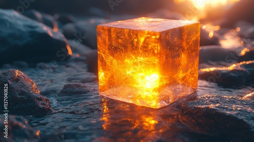 Glowing amber cube illuminated by dramatic light on a dark surface photo