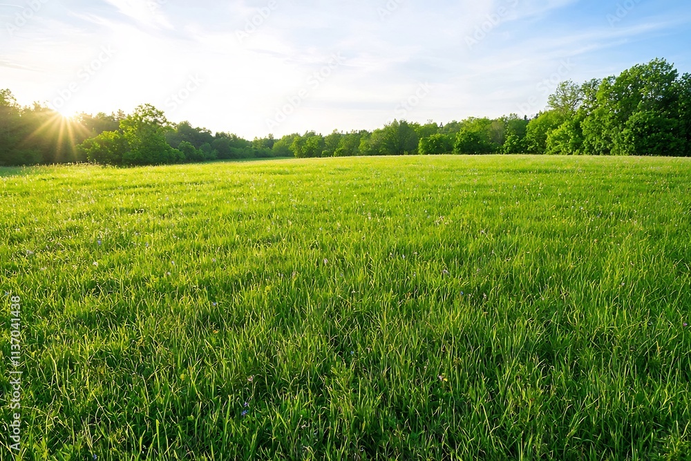 Obraz premium Lush Green Meadow Bathed in Golden Sunlight Idyllic Pastoral Landscape with Swaying Grasses and Foliage