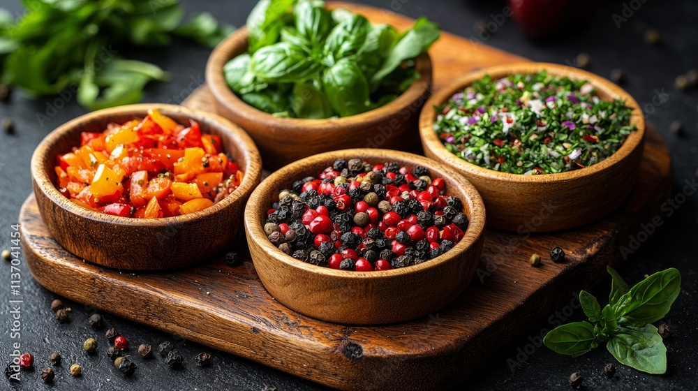 Bowls of fresh spices and herbs arranged on a rustic wooden table Bowls of fresh spices and herbs arranged on a rustic wooden table