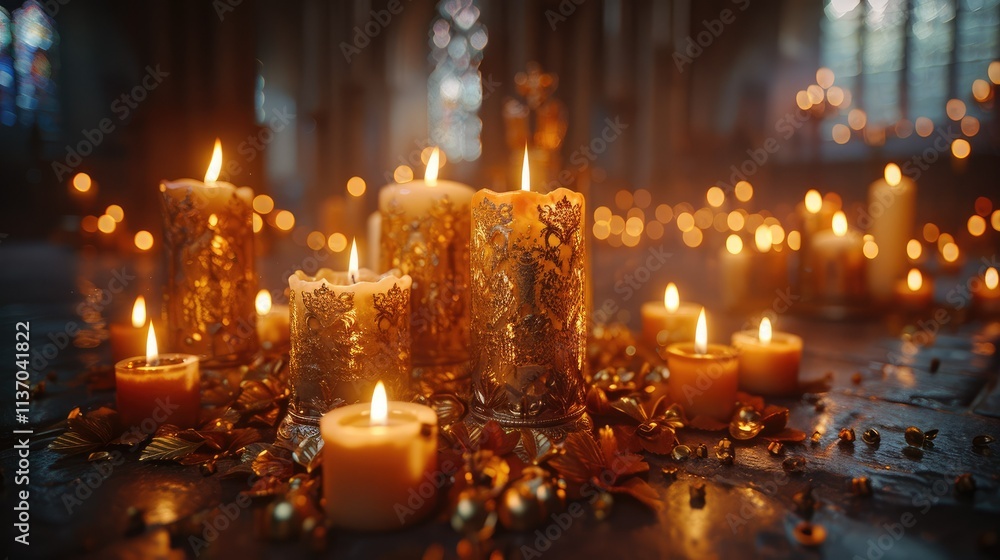 A serene arrangement of lit candles surrounded by decorative elements in a dimly lit space. A serene arrangement of lit candles surrounded by decorative elements in a dimly lit space.