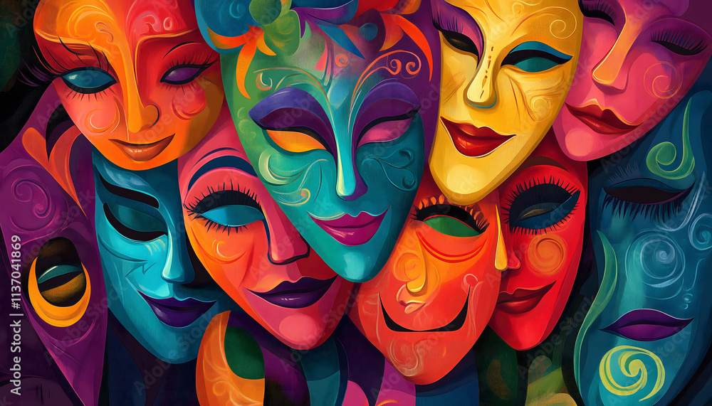 A seamless and abstract illustration of colorful drama masks A seamless and abstract illustration of colorful drama masks