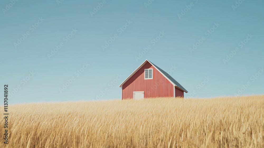 A quaint red barn with white trim, nestled in a field of tall golden grass under a clear blue sky. A quaint red barn with white trim, nestled in a field of tall golden grass under a clear blue sky.