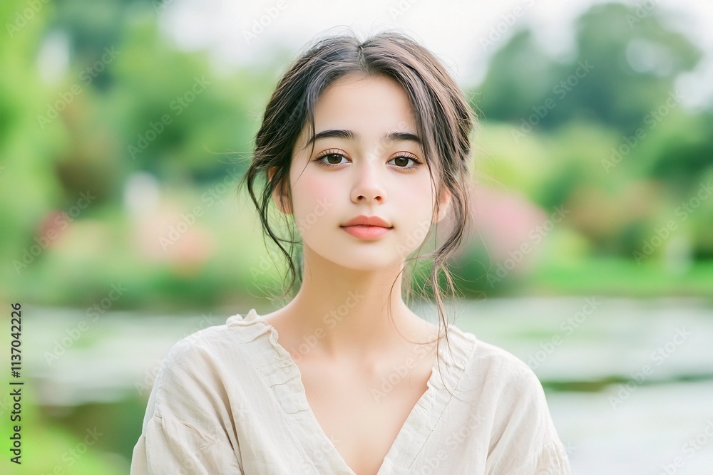 pensive expression,Serene solo portrait of a young woman with delicate features, soft skin,in nature with a warm friendly smile pensive expression,Serene solo portrait of a young woman with delicate features, soft skin,in nature with a warm friendly smile
