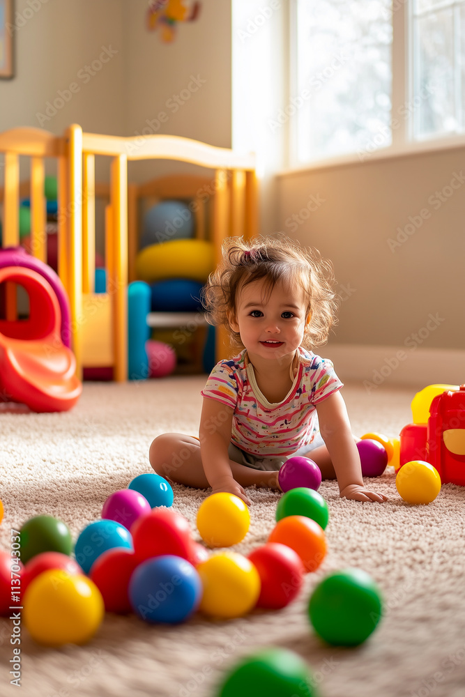 A little girl is sitting on the floor surrounded by a pile of colorful balls A little girl is sitting on the floor surrounded by a pile of colorful balls