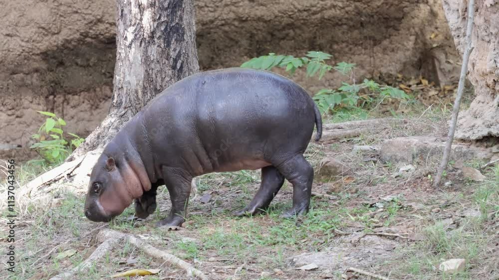 Cute Pygmy Hippopotamus in zoo. Baby Pygmy Hippo walking near mom's. Cute Pygmy Hippopotamus in zoo. Baby Pygmy Hippo walking near mom's.