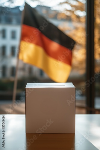 Wahlurne vor Fenster mit Flagge
