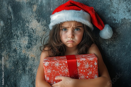 Child girl upset in a red red hat, with surprise box. Yuletide promotion concept design graphic for billboard and online promotion use. Christmas family ad. Santa hat style. Holiday box desi. photo