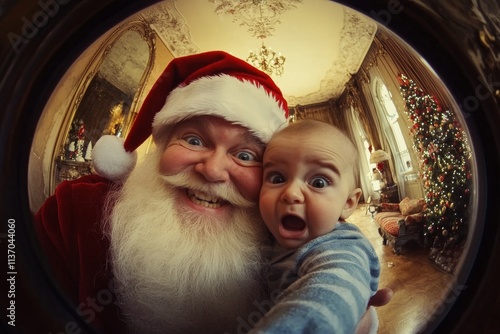 Joyful festive season, Ñute baby boy sobbing with santa claus. Christmas ad concept visual for marketing material and social online ad use. Christmas santa joy family. Cute santa joy family. photo