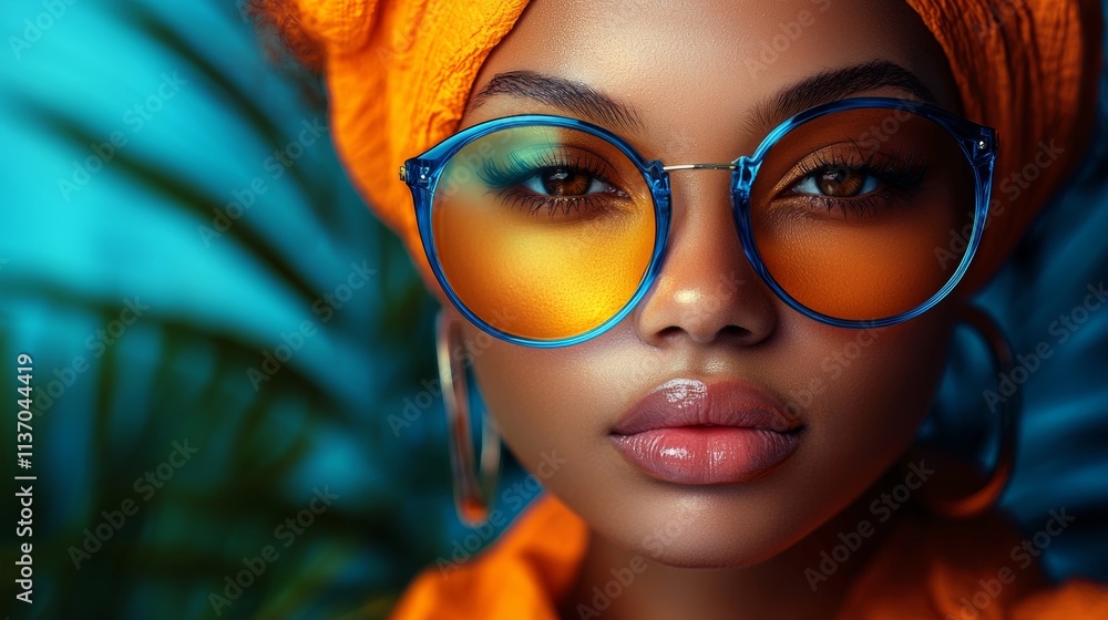 Portrait of a woman wearing oversized orange glasses in vibrant tones Portrait of a woman wearing oversized orange glasses in vibrant tones