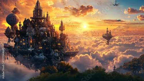 A majestic floating city at sunset, surrounded by clouds and aircraft.