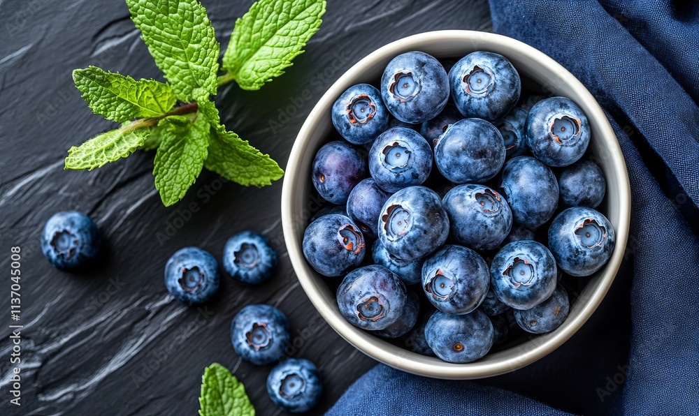 Fresh blueberries in a bowl with mint leaves on a dark background. Fresh blueberries in a bowl with mint leaves on a dark background.