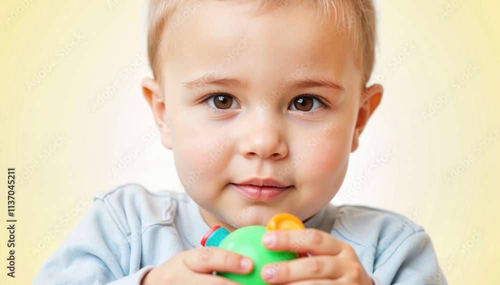 Toddler boy holding colorful toy looking directly at camera Toddler boy holding colorful toy looking directly at camera