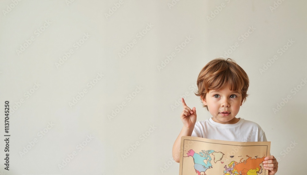 Little boy holding world map drawing pointing up against neutral background Little boy holding world map drawing pointing up against neutral background