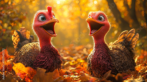 Two happy cartoon turkeys in autumn leaves. photo