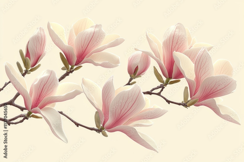 Magnolia branch showcases large soft pink flowers gentle petals against light background representing beauty and renewal of spring. Nature's simplicity shines through. Magnolia branch showcases large soft pink flowers gentle petals against light background representing beauty and renewal of spring. Nature's simplicity shines through.