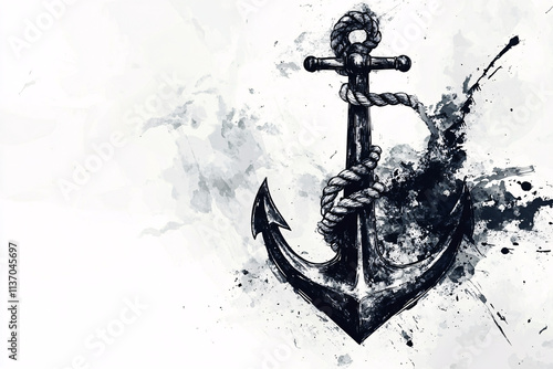 bold black ink illustration of a maritime anchor with rope surrounded by splattered ink on a textured white and gray abstract background
 photo