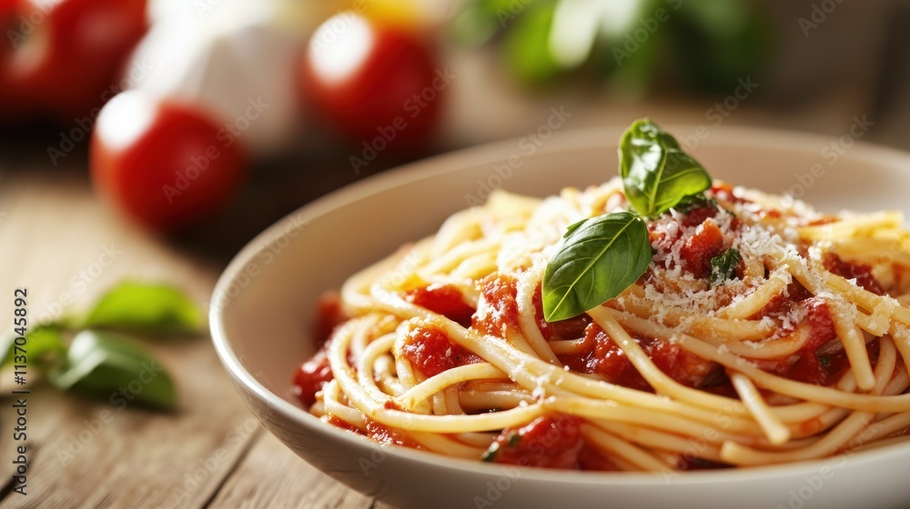 A plate of spaghetti with tomato sauce, parmesan cheese, and basil A plate of spaghetti with tomato sauce, parmesan cheese, and basil