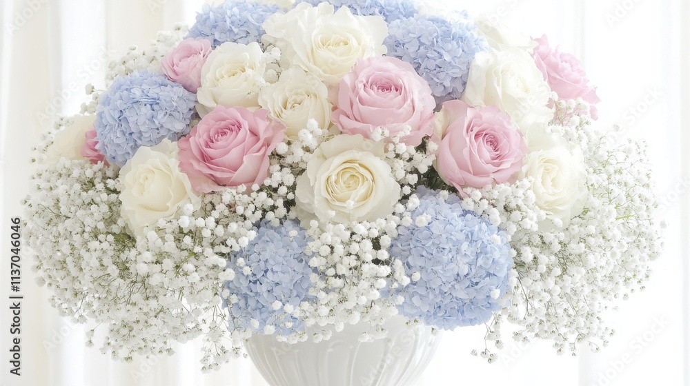 Obraz premium Elegant Floral Arrangement with Roses and Hydrangeas in Vase