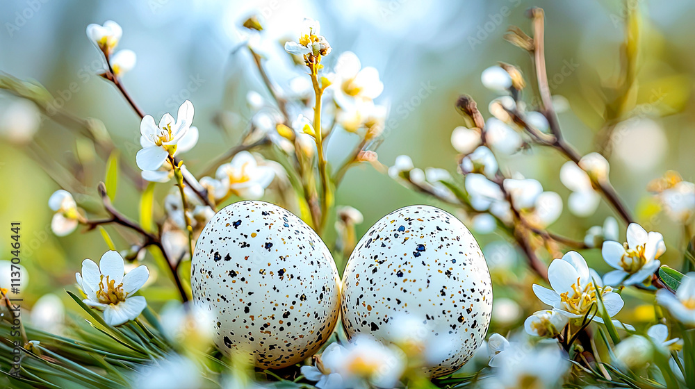 Fototapeta premium Two speckled Easter eggs nestled in spring blossoms.