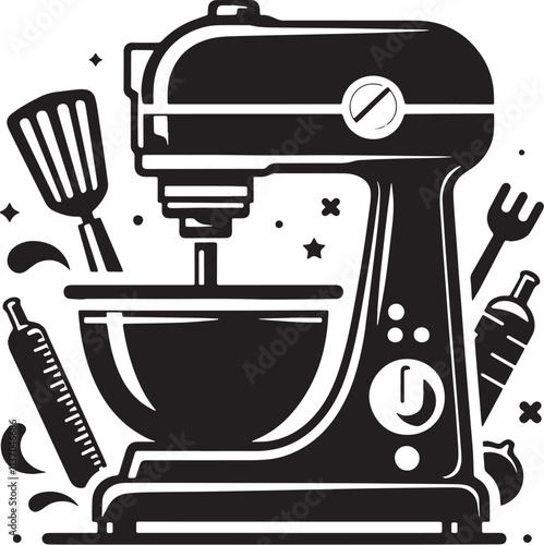 Food Processor Silhouette line art vector illustration on white background