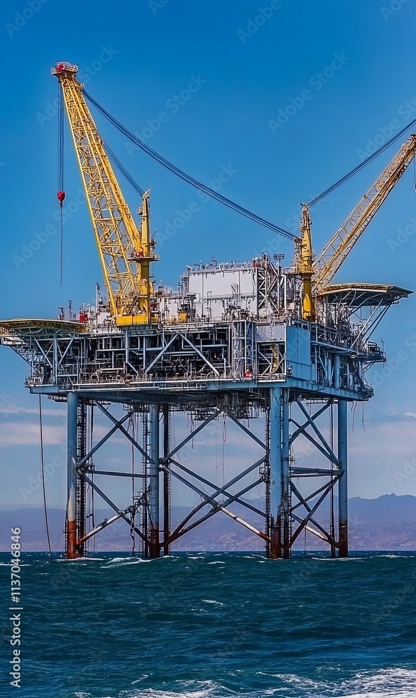 Offshore oil rig platform in ocean, under a clear blue sky with distant mountains. Offshore oil rig platform in ocean, under a clear blue sky with distant mountains.