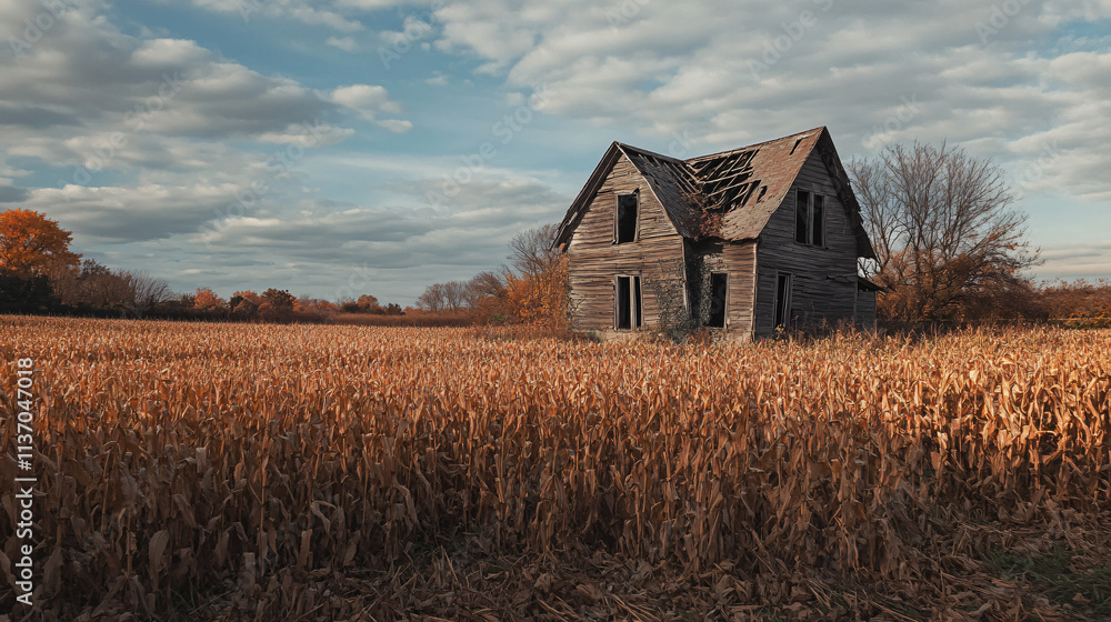 A ruined farmhouse with its roof nearly gone, standing amidst a field of wilted corn. The cries of bats echo in the surrounding silence. A ruined farmhouse with its roof nearly gone, standing amidst a field of wilted corn. The cries of bats echo in the surrounding silence.
