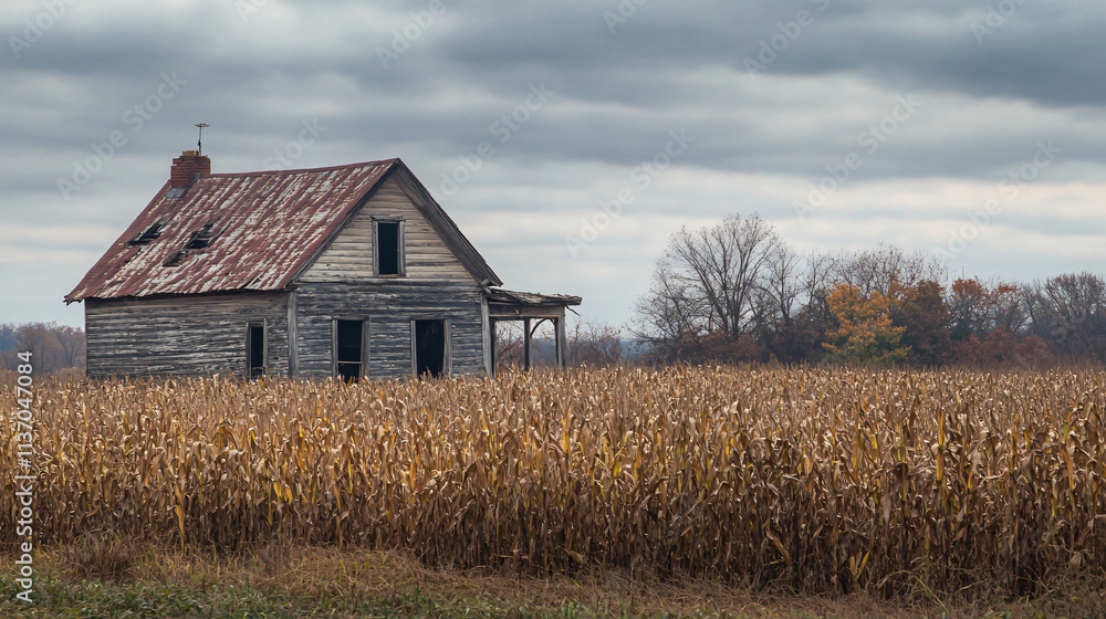 A ruined farmhouse with its roof nearly gone, standing amidst a field of wilted corn. The cries of bats echo in the surrounding silence. A ruined farmhouse with its roof nearly gone, standing amidst a field of wilted corn. The cries of bats echo in the surrounding silence.