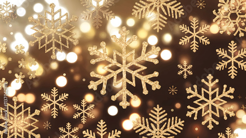 Golden Snowflakes with Intricate Details Floating Against a Warm, Glowing Bokeh Background