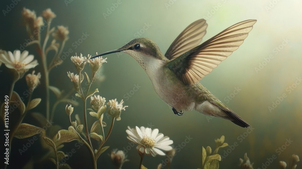 Fototapeta premium Hummingbird in flight, feeding on white flowers.