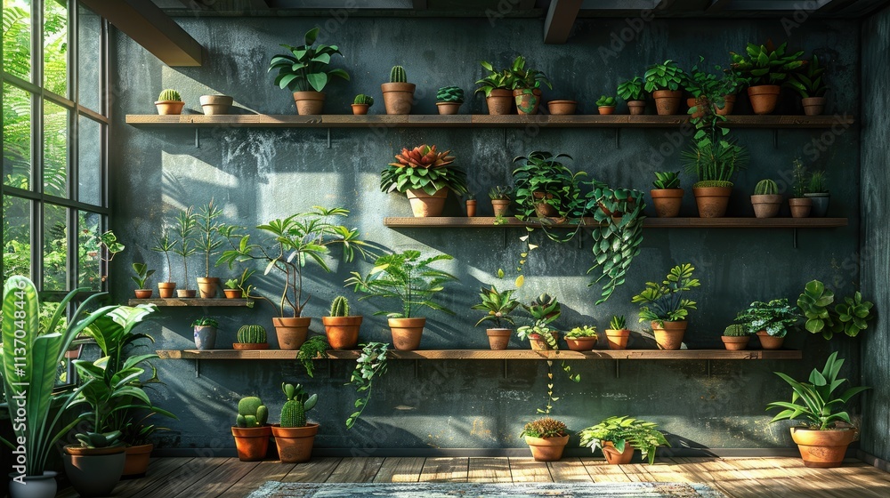 A serene indoor garden with various potted plants on wooden shelves against a textured wall. A serene indoor garden with various potted plants on wooden shelves against a textured wall.